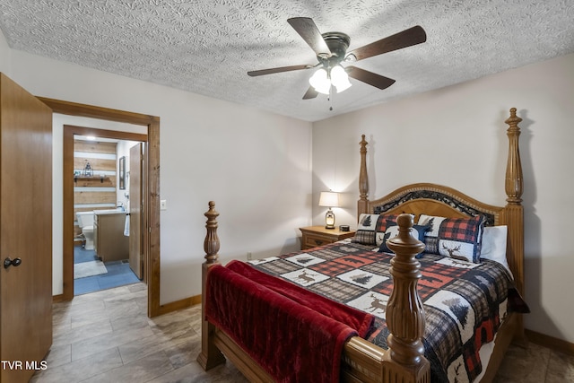 bedroom featuring a textured ceiling, ceiling fan, and baseboards