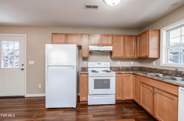 kitchen featuring white appliances, plenty of natural light, under cabinet range hood, and a sink