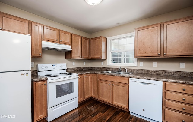 kitchen featuring dark countertops, white appliances, a sink, and under cabinet range hood