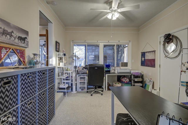 home office featuring ornamental molding, carpet, and a ceiling fan