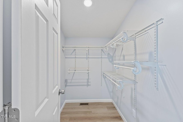 spacious closet featuring light wood-type flooring and visible vents