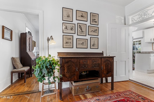 sitting room with light wood-style flooring, baseboards, and crown molding