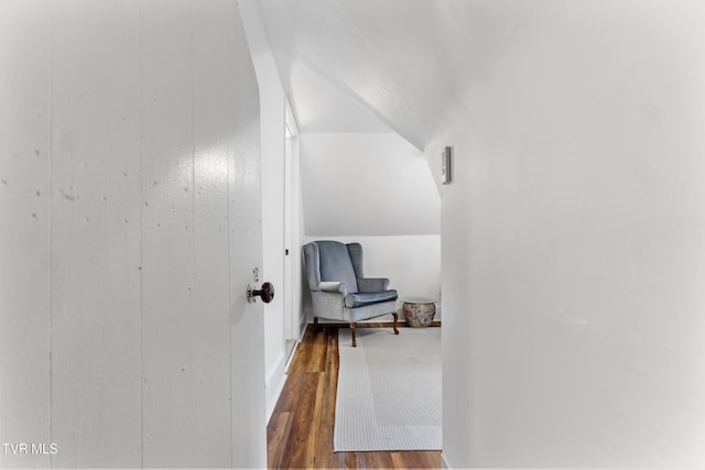 hall featuring dark wood-style floors and lofted ceiling