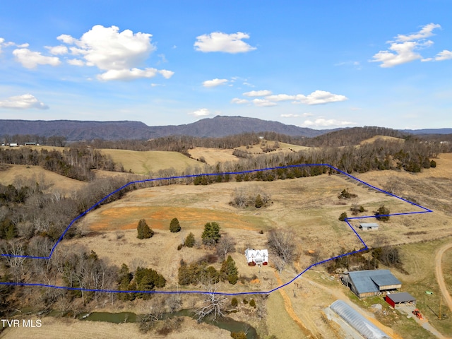 birds eye view of property with a rural view and a mountain view