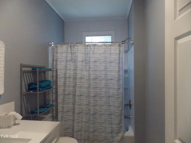 full bathroom featuring vanity, toilet, and shower / bathtub combination with curtain