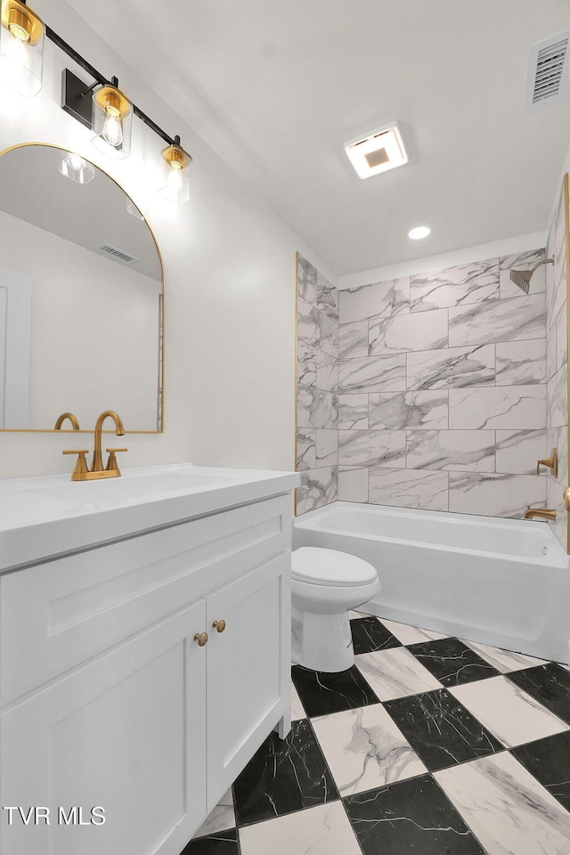 full bathroom featuring toilet,  shower combination, vanity, and visible vents