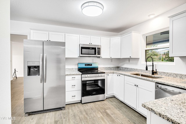 kitchen featuring appliances with stainless steel finishes, white cabinetry, and a sink