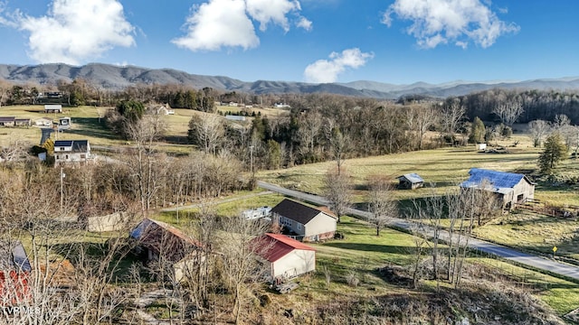 aerial view featuring a rural view and a mountain view