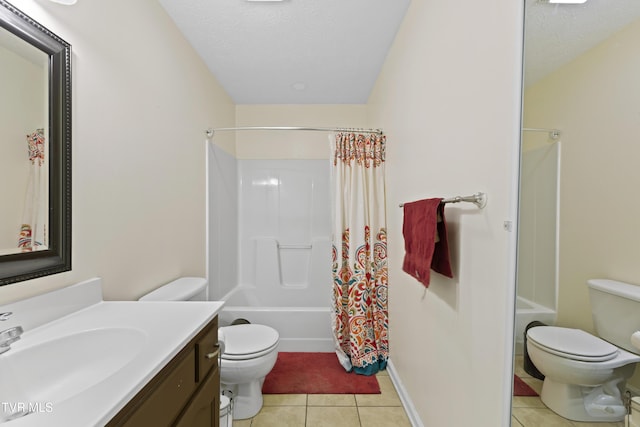 bathroom featuring a textured ceiling, toilet, shower / tub combo, vanity, and tile patterned floors