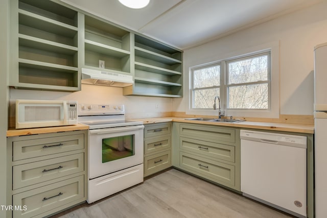 kitchen with open shelves, butcher block counters, a sink, white appliances, and under cabinet range hood