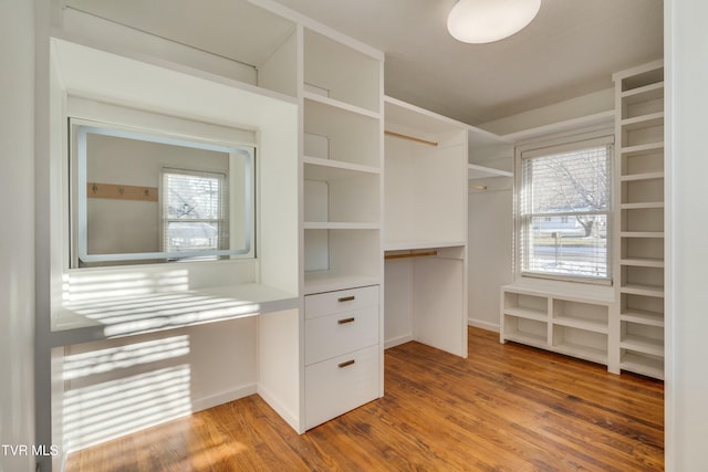 walk in closet with light wood-style floors