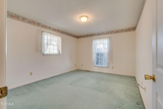 carpeted spare room featuring plenty of natural light, baseboards, and a textured ceiling