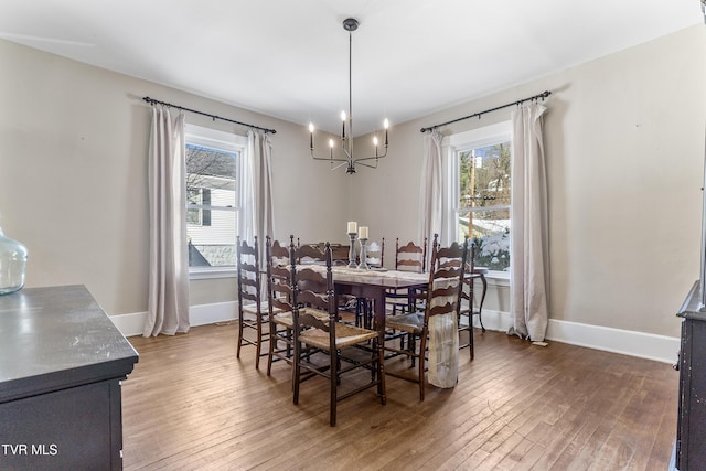 dining room featuring a healthy amount of sunlight, wood finished floors, and baseboards