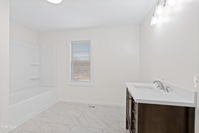 bathroom with shower / tub combination, visible vents, vanity, baseboards, and marble finish floor