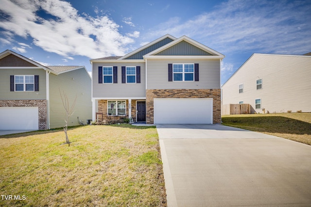 craftsman inspired home with an attached garage, board and batten siding, stone siding, driveway, and a front lawn