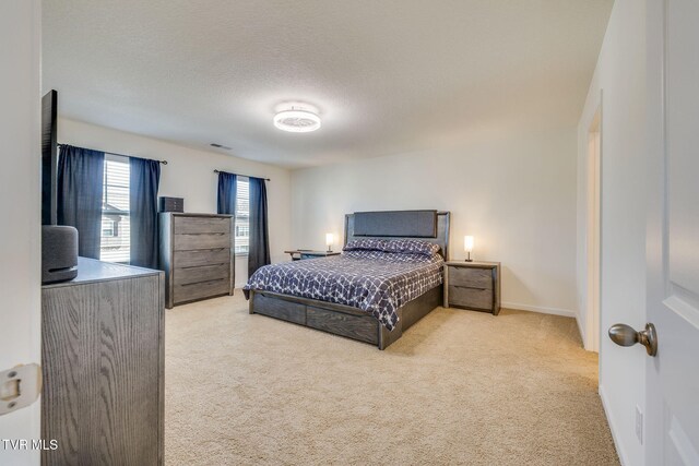 carpeted bedroom with a textured ceiling and baseboards