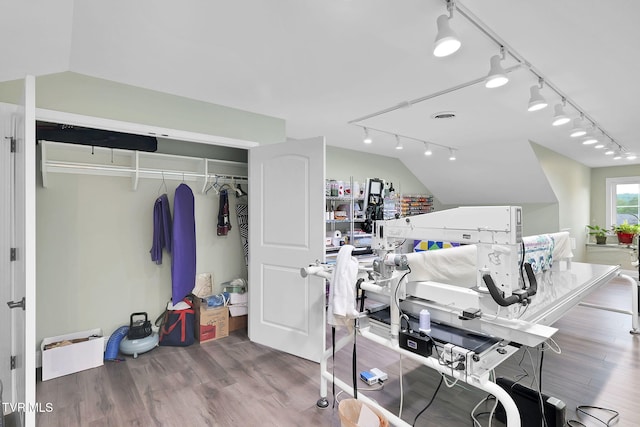 bedroom with a closet, vaulted ceiling, wood finished floors, and track lighting