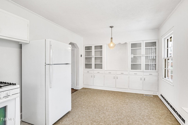 kitchen with white cabinets, white appliances, a baseboard radiator, and pendant lighting