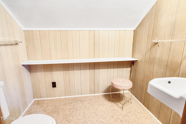 bathroom featuring wooden walls and toilet