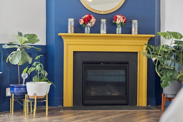 room details featuring a glass covered fireplace