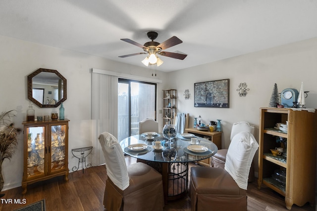 dining room featuring a ceiling fan and wood finished floors