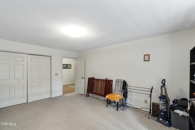 sitting room with a textured ceiling and carpet flooring