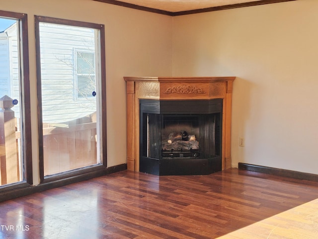 details featuring ornamental molding, a fireplace, wood finished floors, and baseboards