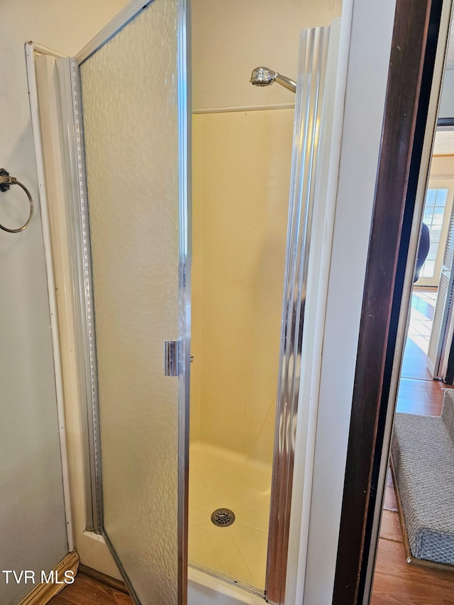 full bathroom featuring a stall shower and wood finished floors