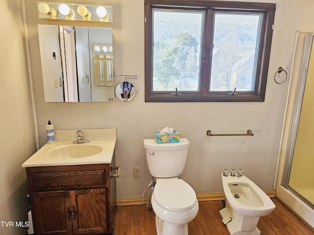 bathroom with toilet, a bidet, vanity, wood finished floors, and baseboards