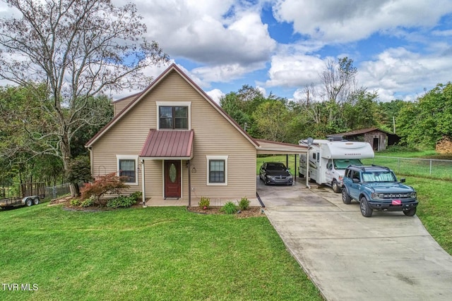 view of front of property with fence and a front lawn