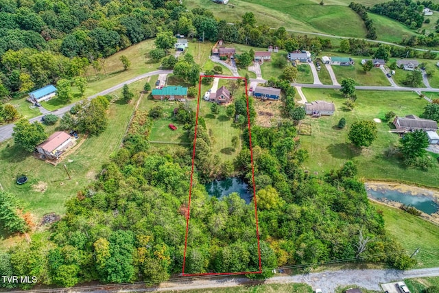 aerial view with a water view and a rural view