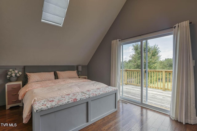 bedroom with access to exterior, lofted ceiling, dark wood-type flooring, and visible vents