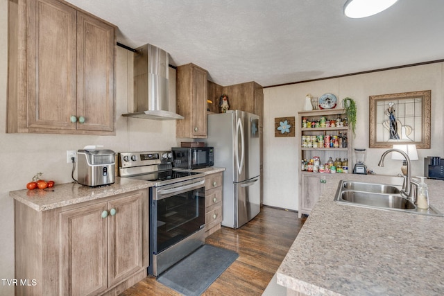 kitchen featuring stainless steel appliances, wall chimney exhaust hood, a sink, and light countertops