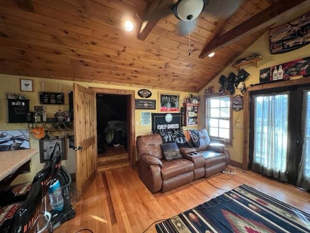 living room with wood ceiling, lofted ceiling with beams, and wood finished floors