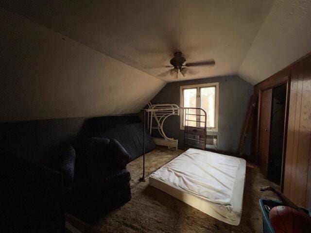 bedroom with vaulted ceiling and ceiling fan