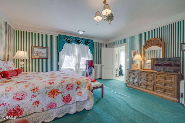 bedroom featuring wallpapered walls and carpet flooring