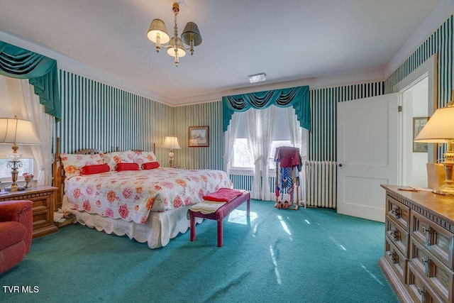 carpeted bedroom with an inviting chandelier and wallpapered walls