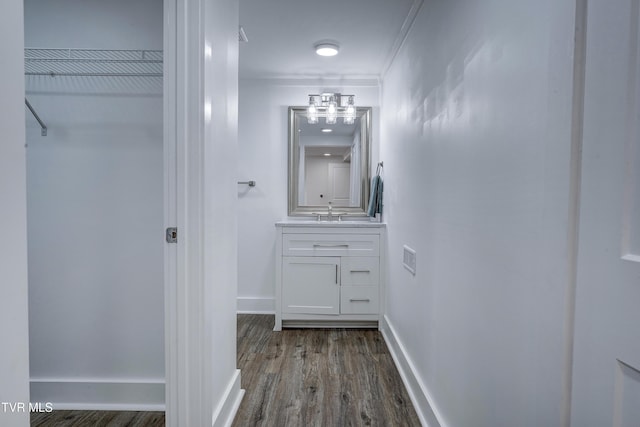 bathroom featuring a walk in closet, vanity, baseboards, and wood finished floors