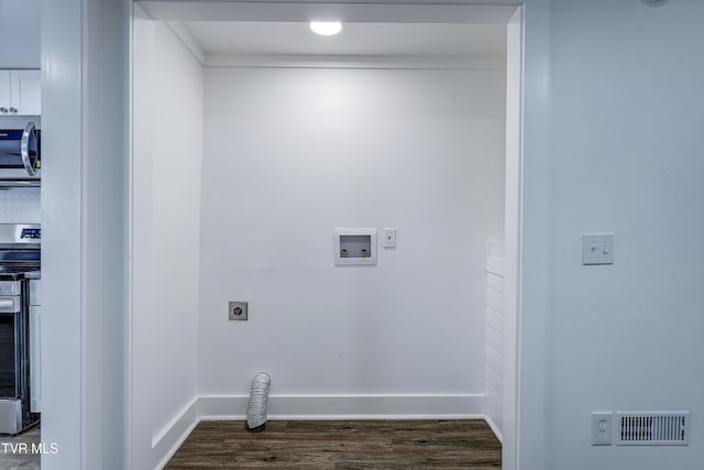 washroom featuring hookup for a washing machine, visible vents, baseboards, dark wood-style floors, and electric dryer hookup