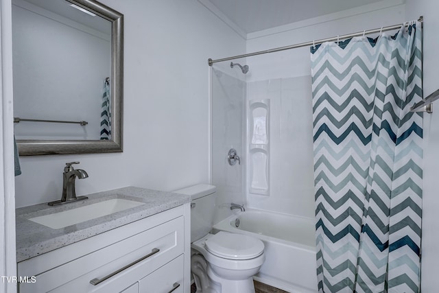 full bath with toilet, shower / tub combo with curtain, and vanity