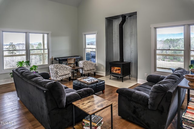 living area featuring a wealth of natural light, a wood stove, and wood finished floors