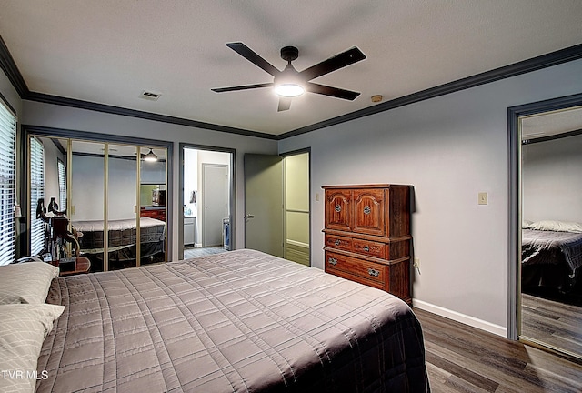 bedroom with wood finished floors, baseboards, visible vents, ceiling fan, and ornamental molding