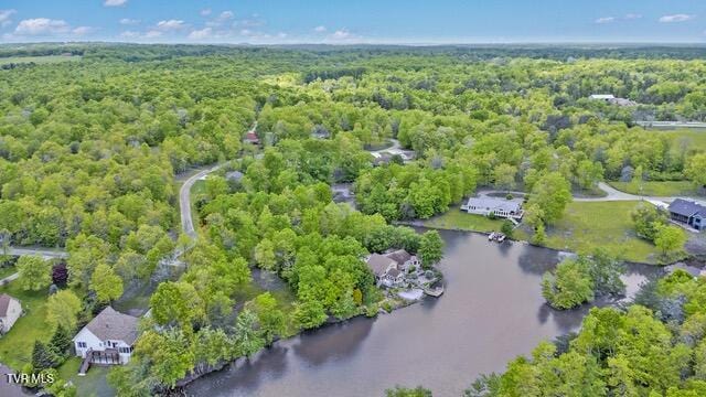 birds eye view of property with a forest view and a water view