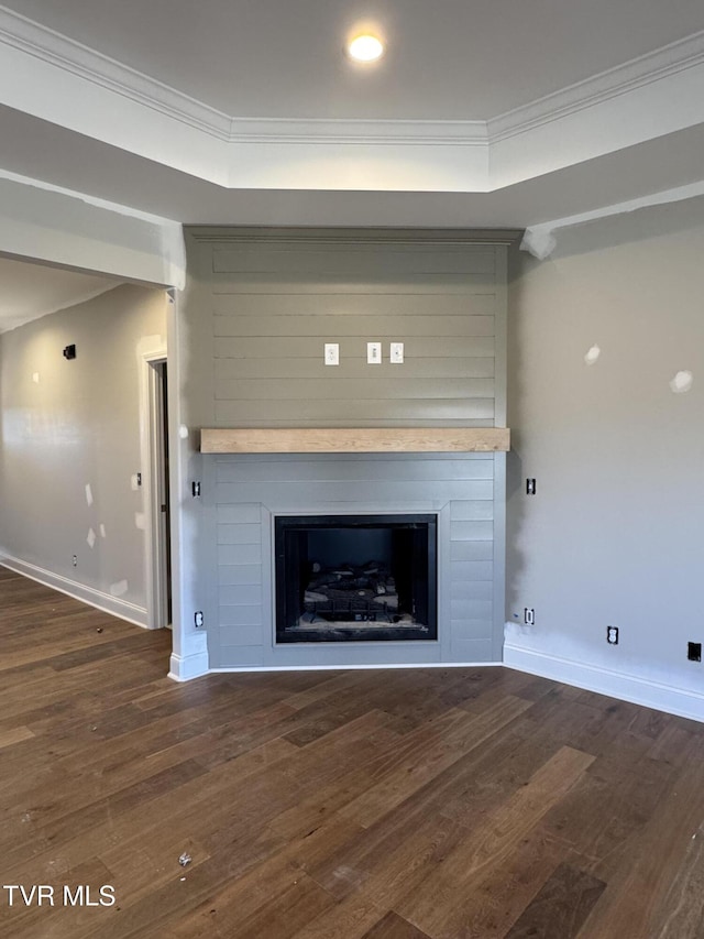 interior space featuring ornamental molding, a fireplace, wood finished floors, and baseboards