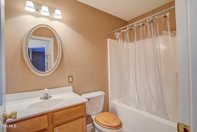 full bath featuring toilet, shower / tub combo, and vanity