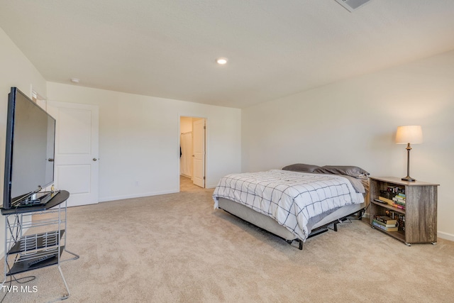 bedroom with baseboards, recessed lighting, visible vents, and light colored carpet