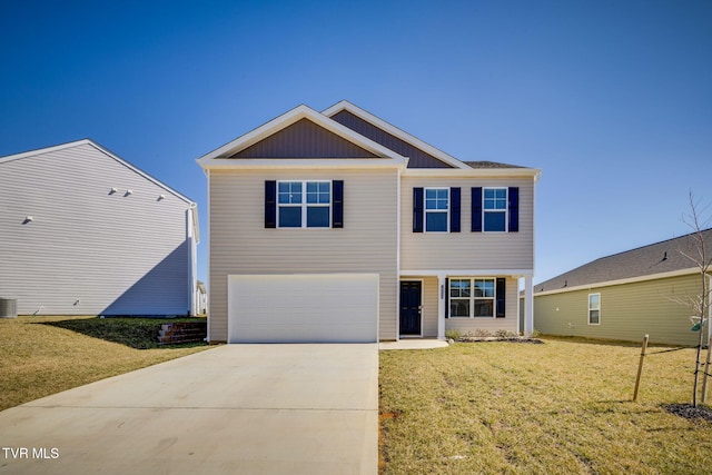 view of front of home featuring driveway, a garage, central AC, and a front yard