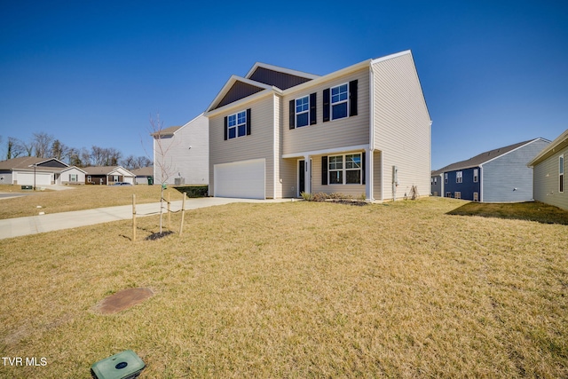 view of front facade with driveway, an attached garage, a residential view, and a front yard