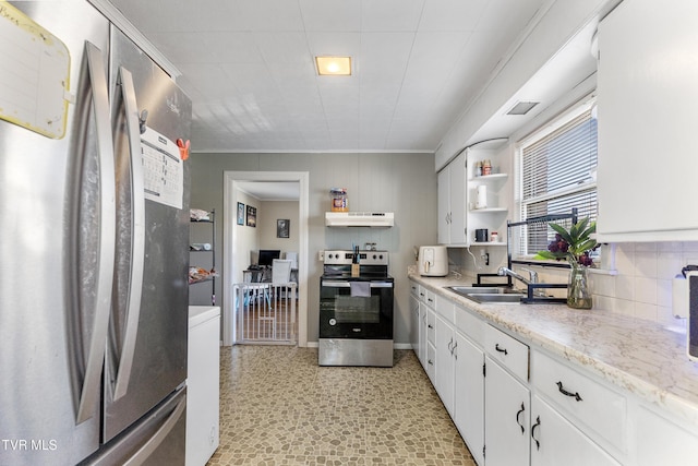 kitchen featuring open shelves, stainless steel appliances, white cabinets, a sink, and under cabinet range hood