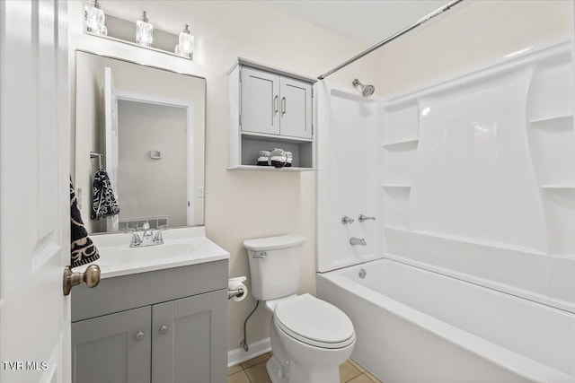 full bath with  shower combination, tile patterned flooring, vanity, and toilet